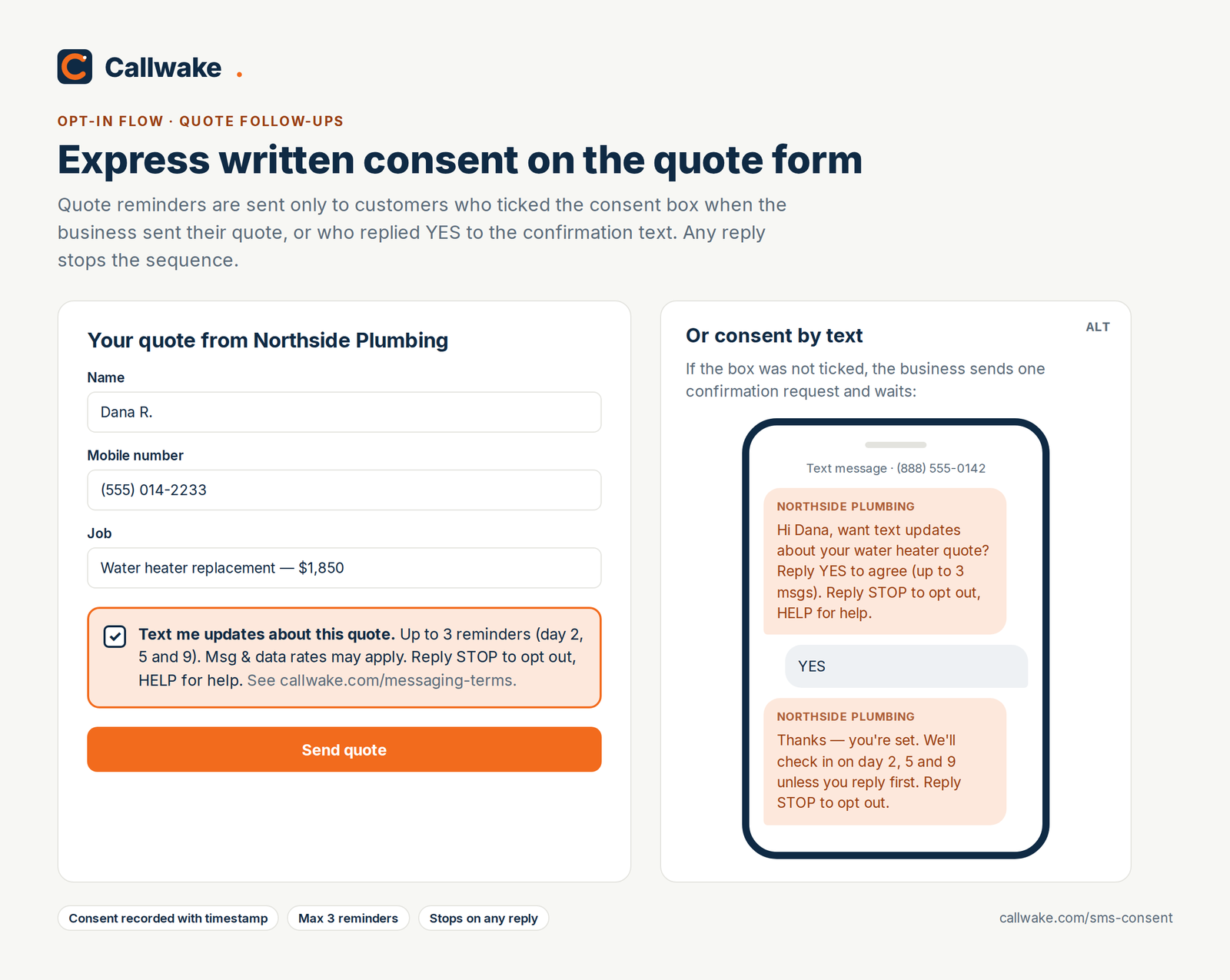 Mock-up of the quote form consent checkbox and the alternative YES-by-text confirmation